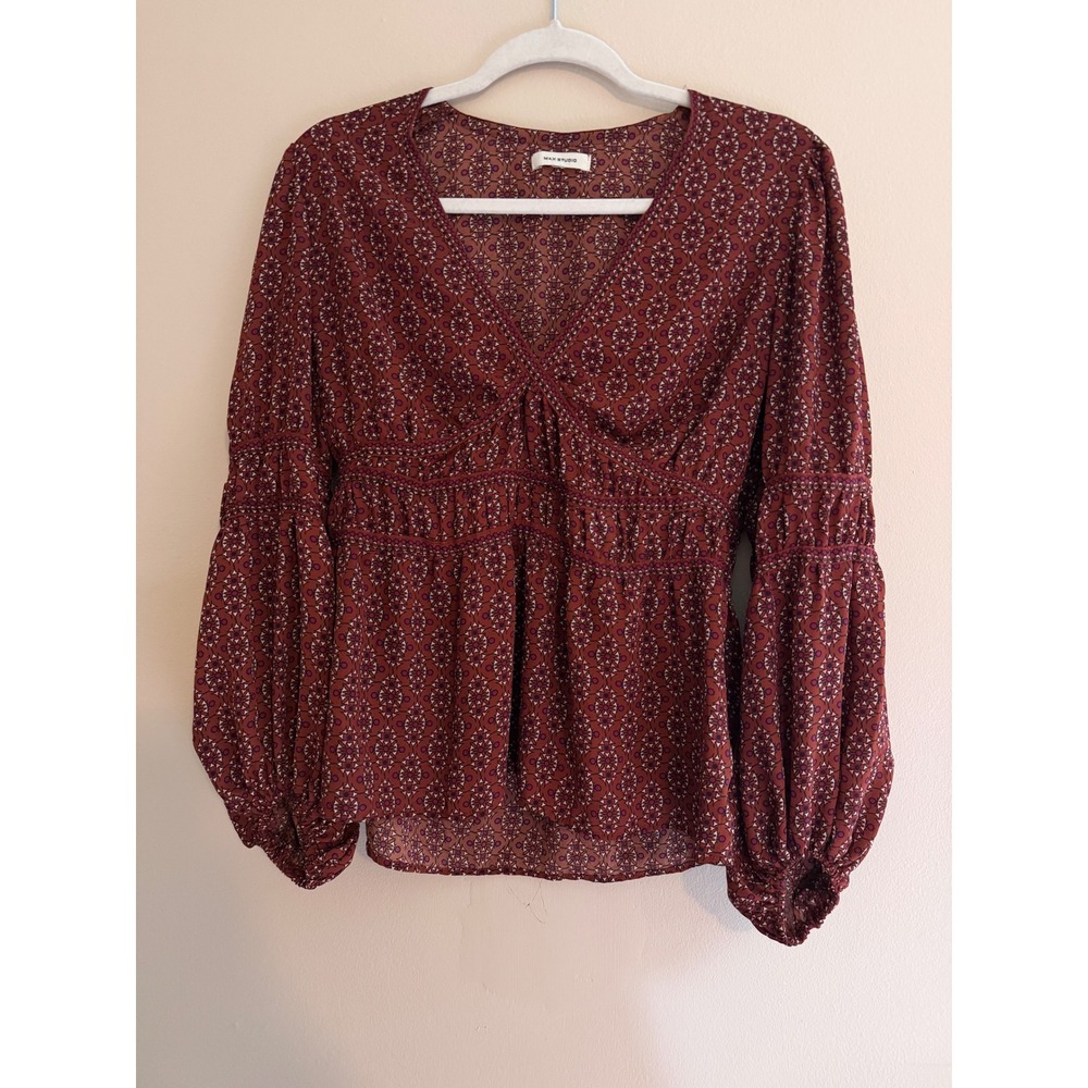 Max Studio Rust Red Geometric Blouse Smocked Waist Cottagecore Fall Boho